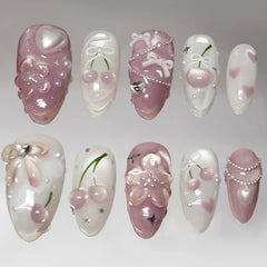 Ingvn  24Pcs Shiny Pink Cat's Eye Full Cover Nail Tips Fashion French Peach Blossom Design False Nails Almond Detachable Press on Nails