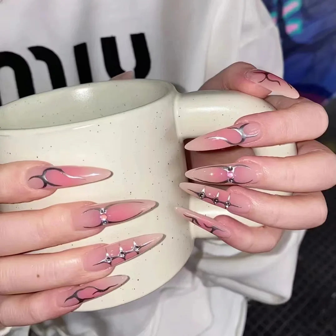 Super Cool y2k Nails Press On Long Stiletto Fake Nail Art Silver Flame Blush False Nails With Designs Full Manicure Nail Tips