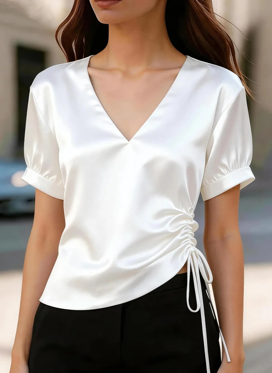 Ingvn  Women's V Neck Short Sleeve Satin Blouse with Side Ruched Tie Detail, Slim Fit Top for Casual or Office Wear