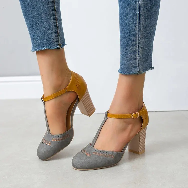 Ingvn  Ladies' Sandals Heel High Shoes Pumps Square Ladies Platform Round Toe T-tied Square Heel Wedding Dress Shoes Casual Rome Pumps