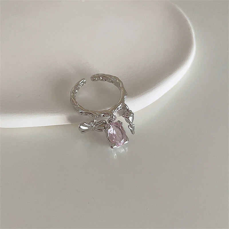 Ingvn  Pink Crystal Irregular Heart Rings Creative Zircon Bowknot Opal Love Heart Open Ring Y2K Shiny Rings for Women Party Jewelry