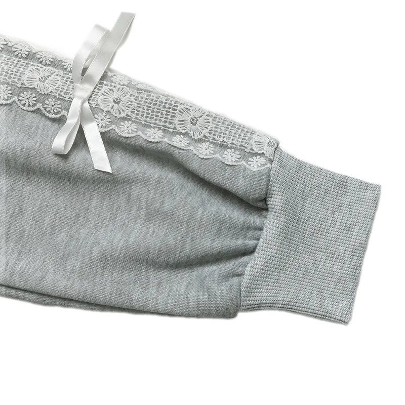 Ingvn - Womens Crew Neck Sweatshirt Lace Splicing Bow Long Sleeve Casual Autumn Winter Basic Top