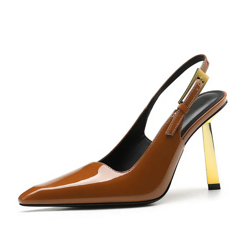 Ingvn  Star style Fashion Patent Leather Women Pumps Summer Square toe Metal Buckle Slingbacks Elegant Thin High heels Dress Shoes