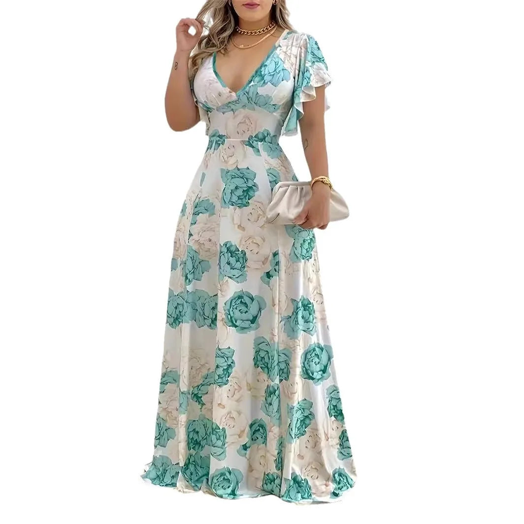 Ingvn  Women's XL-5XL Plus Size Hot selling V-neck elegant and casual printed long dress with large hem for women's clothing Women's