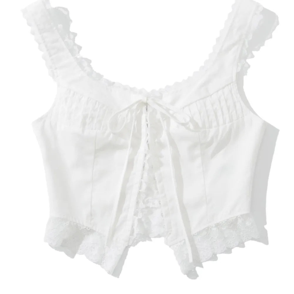 Ingvn  Sexy White Spliced Lace Front Metal Hook Buttons Corset Women Back Bow Lacing up Strap Camisole Tank Tops Rope Crop Top