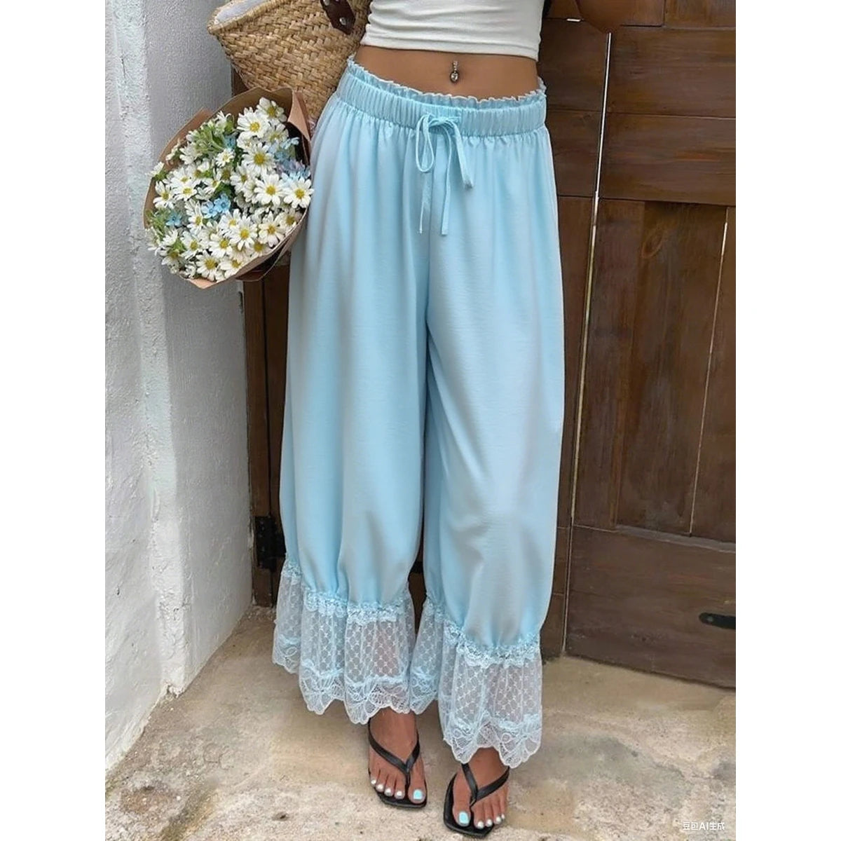 Ingvn  Women Mesh See-through Floral Lace Patchwork Ruffle Hem Bloomer Pants Loose Drawstring Elastic Waist Cropped Trousers