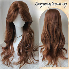 Ingvn  Long Wavy Brown Wig with Middle Part Bangs Synthetic Natural Cosplay Cute Wig Halloween Costume Lolita Wig for Women