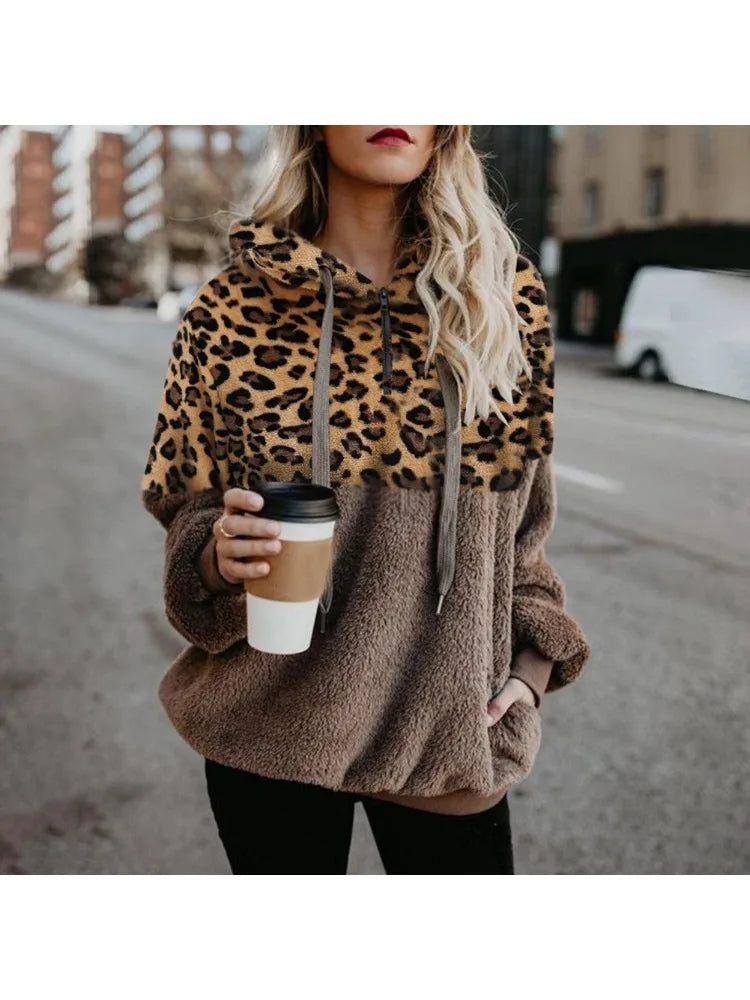 Ingvn  New Women Fashion Autumn and Winter Long-sleeved Sweatshirt Ladies Leopard Print Patchwork Zipper Casual Loose Pullovers Top