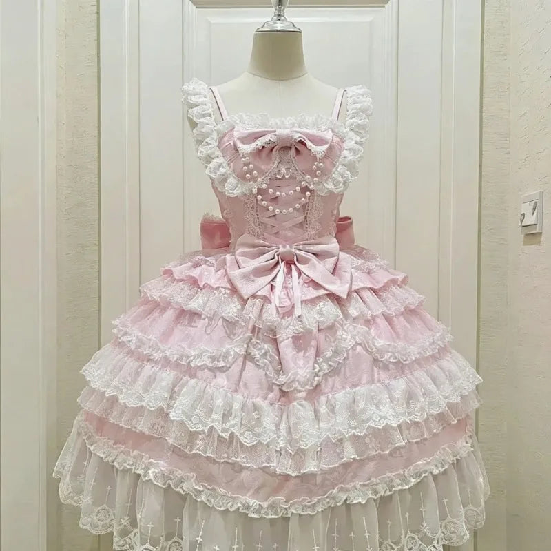 Ingvn  Japanese Harajuku Sweet Strap Lolita Dress Women Y2K Vintage Lace Bow Ruffle Cake dress Slim Bandage Summer Daily Stylish