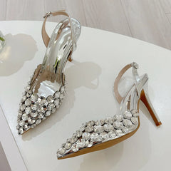 Ingvn  Elegant Pointed Toe Slingback Stiletto Sandals Crystal Diamonds Women Pumps High Heels Wedding Prom Shoes Zapatos Mujer