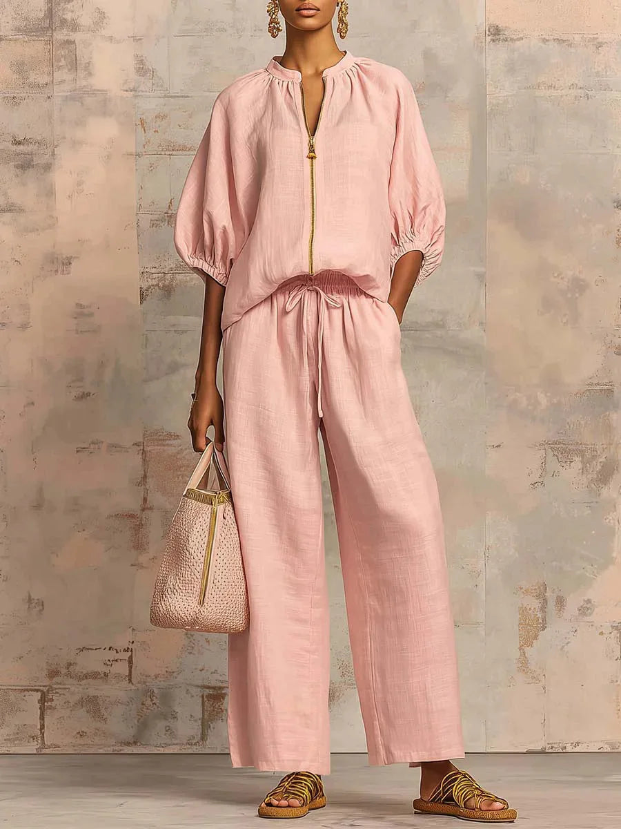 Ingvn  Womens Matching Sets Summer Casual Loose Zipper Tops And Wide Leg Pants 2 Piece Set Outfits Women Elegant