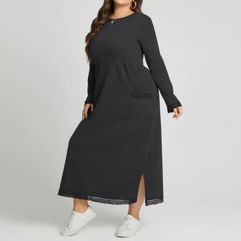 Ingvn  Plus Size 0XL-5XL Women's Fall New Loose Fashion Dress Knitted Lace Long Dress Padded Sweater Casual Dress Sports Dresses