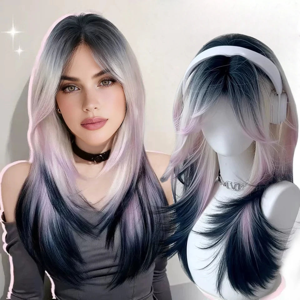 Ingvn - Long Wigs With Bangs Synthetic Natural Straight Layered Fake Hair Party Fluffy Lolita Cosplay Brown Wigs For Women Daily Use