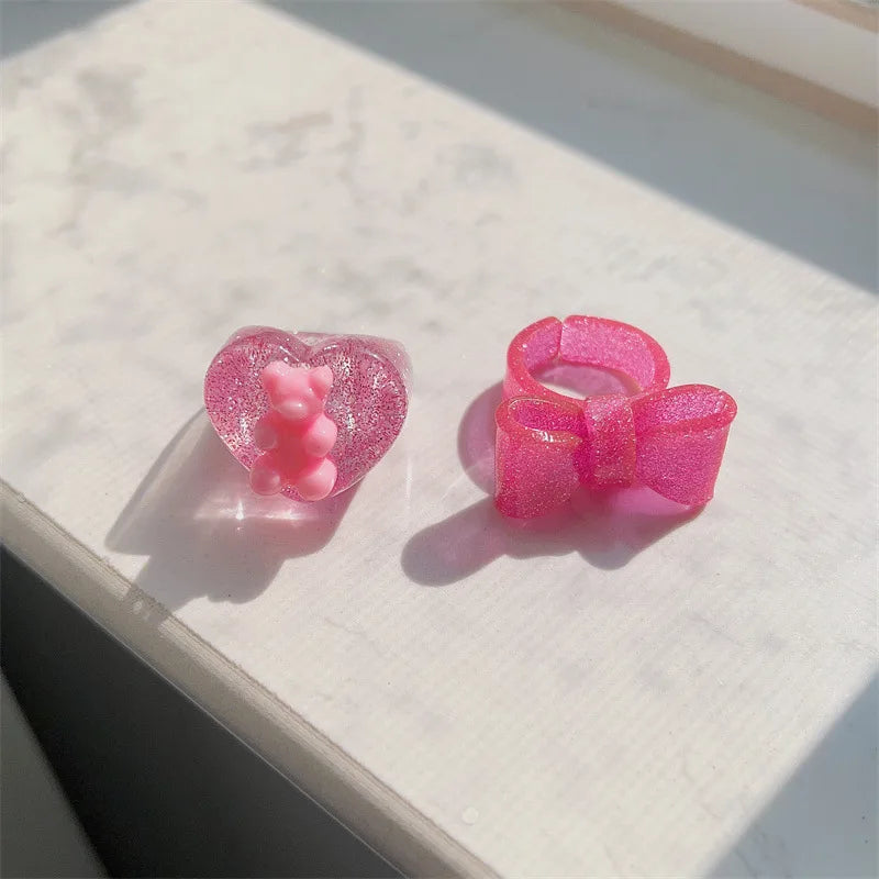 Pink Resin Geometric Ring for Women Girls Colorful Acrylic Bear Bowknot Heart Finger Ring Trendy Aesthetic Jewelry Accessories