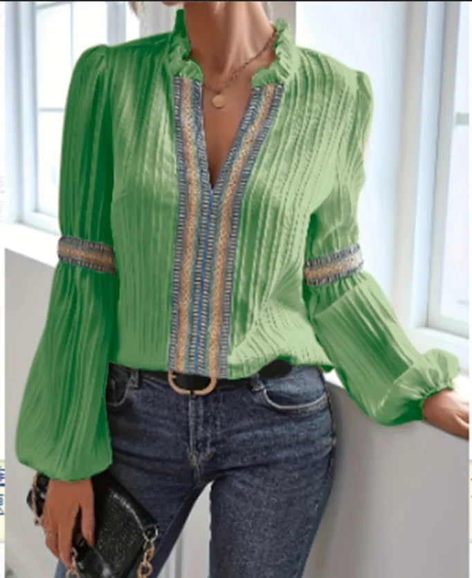 Ingvn  Spring Women's Clothing Lantern Sleeve Blouse With Lace Trim Stand Collar Long Sleeve Polyester Chiffon Casual Top For Woman