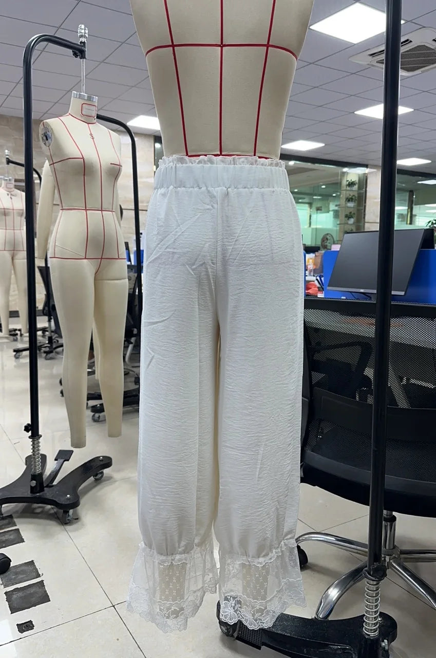 Ingvn  Women Mesh See-through Floral Lace Patchwork Ruffle Hem Bloomer Pants Loose Drawstring Elastic Waist Cropped Trousers