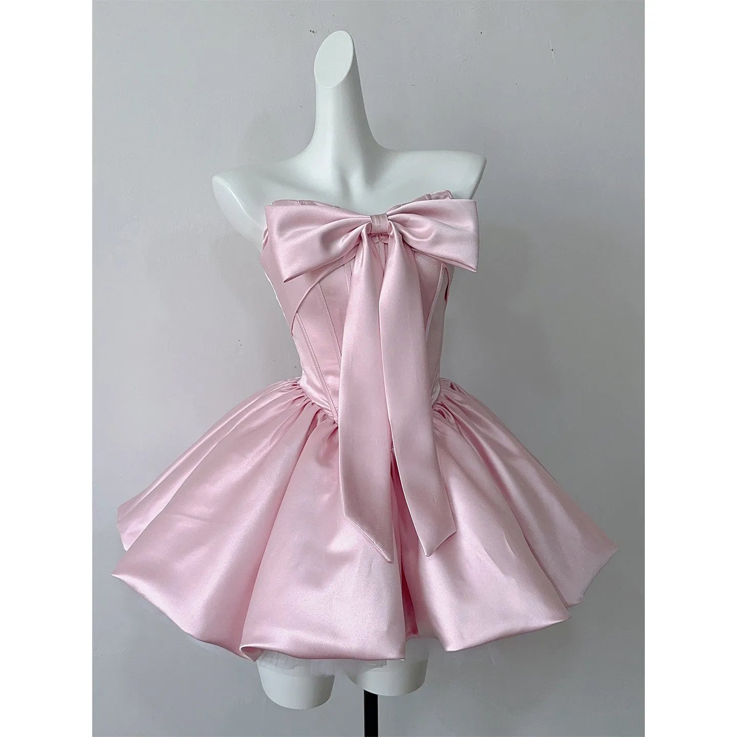 Ingvn  Summer French Elegant Sweet Princess Birthday Party Pink Dress Bow Strapless High Waist Lace-up Puffy Short Dress for Women