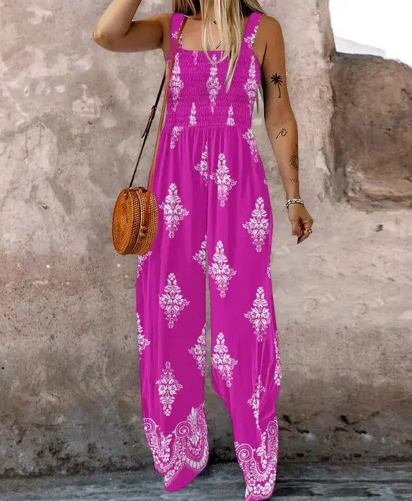 Ingvn  Plus Size New Women Print Sling Sleeveless Jumpsuits Ladies Casual Wide Leg High Waist Casual Loose Rompers