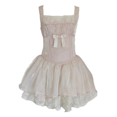 Ingvn  Summer French Elegant Sweet Princess Party Dresses Square Neck Sleeveless 3D Flower Bow High Waist Pink Short Dress Women