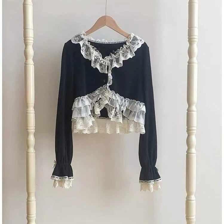Ingvn  Soft Girl Japanese Lolita Cardigan Ladies Y2K Harajuku Lace Long Sleeve Shirt Sweet Lovely Subcultural Daily Casual Basic Tops