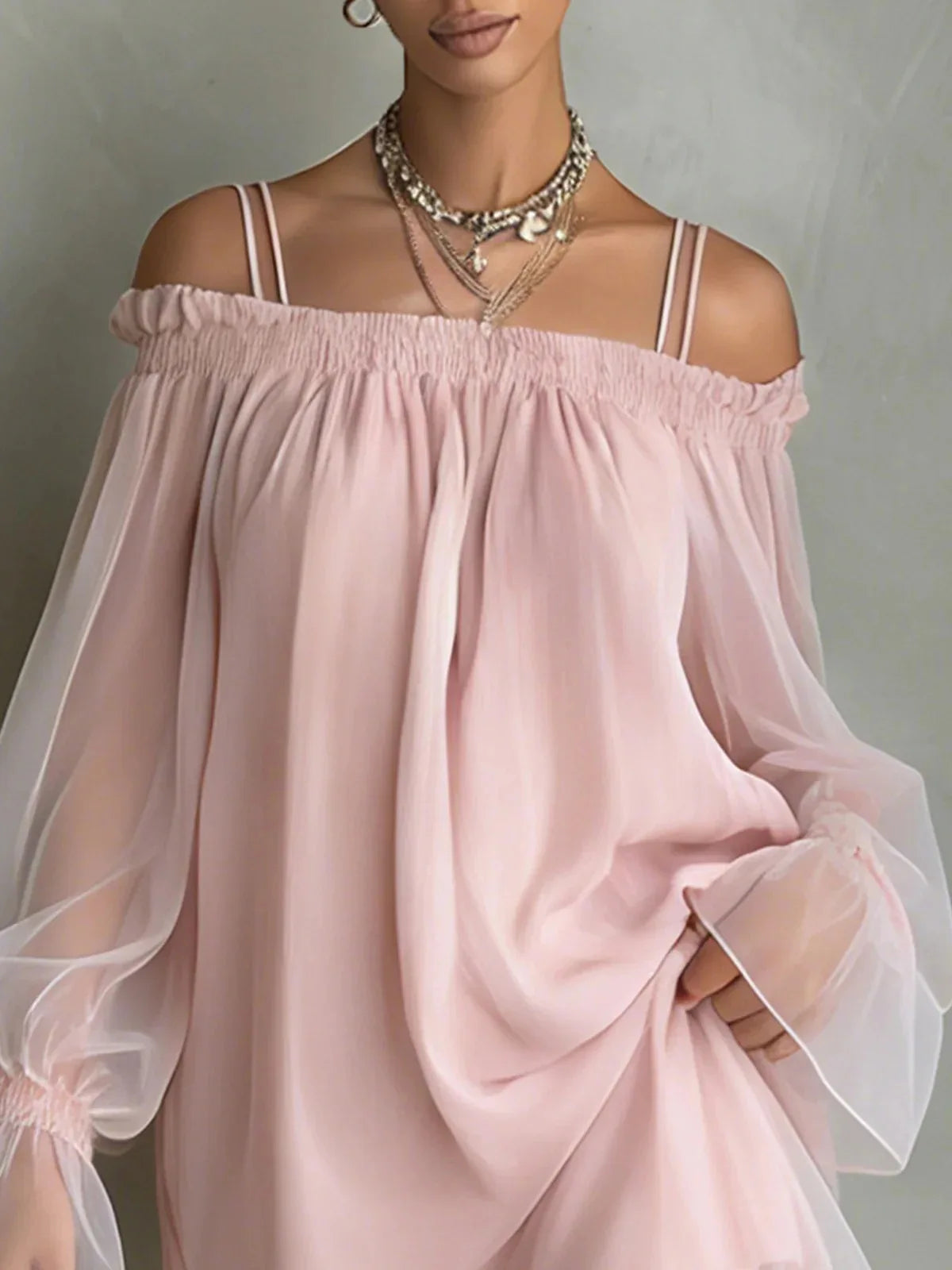 Ingvn  Women's Double Strap Off Shoulder Mini Dress Sheer Mesh Long Sleeve Loose Fit Sexy Sweet Fairy Core Summer New Dress