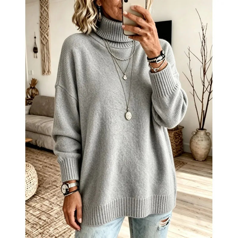 Ingvn - Women Turtleneck Knit Sweater Loose Long Sleeve Pullover Thick Autumn Winter Base Layer Top