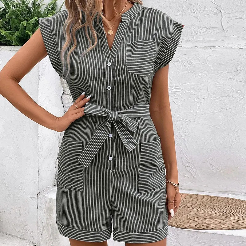 Ingvn  Summer Women's Clothing Casual Striped Short Sleeve Romper For Woman Elegant Commuter Playsuit Lightweight Cotton Capri Pants