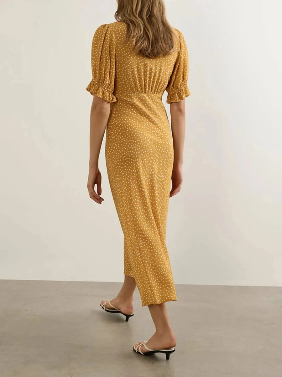 Ingvn  Casual Yellow V Neck Lace Trim Dot Print Dresses for Women Short Sleeve Slimming Ruffle for French Vacation Style