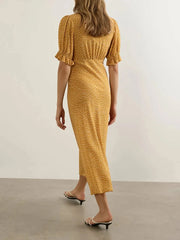 Ingvn  Casual Yellow V Neck Lace Trim Dot Print Dresses for Women Short Sleeve Slimming Ruffle for French Vacation Style