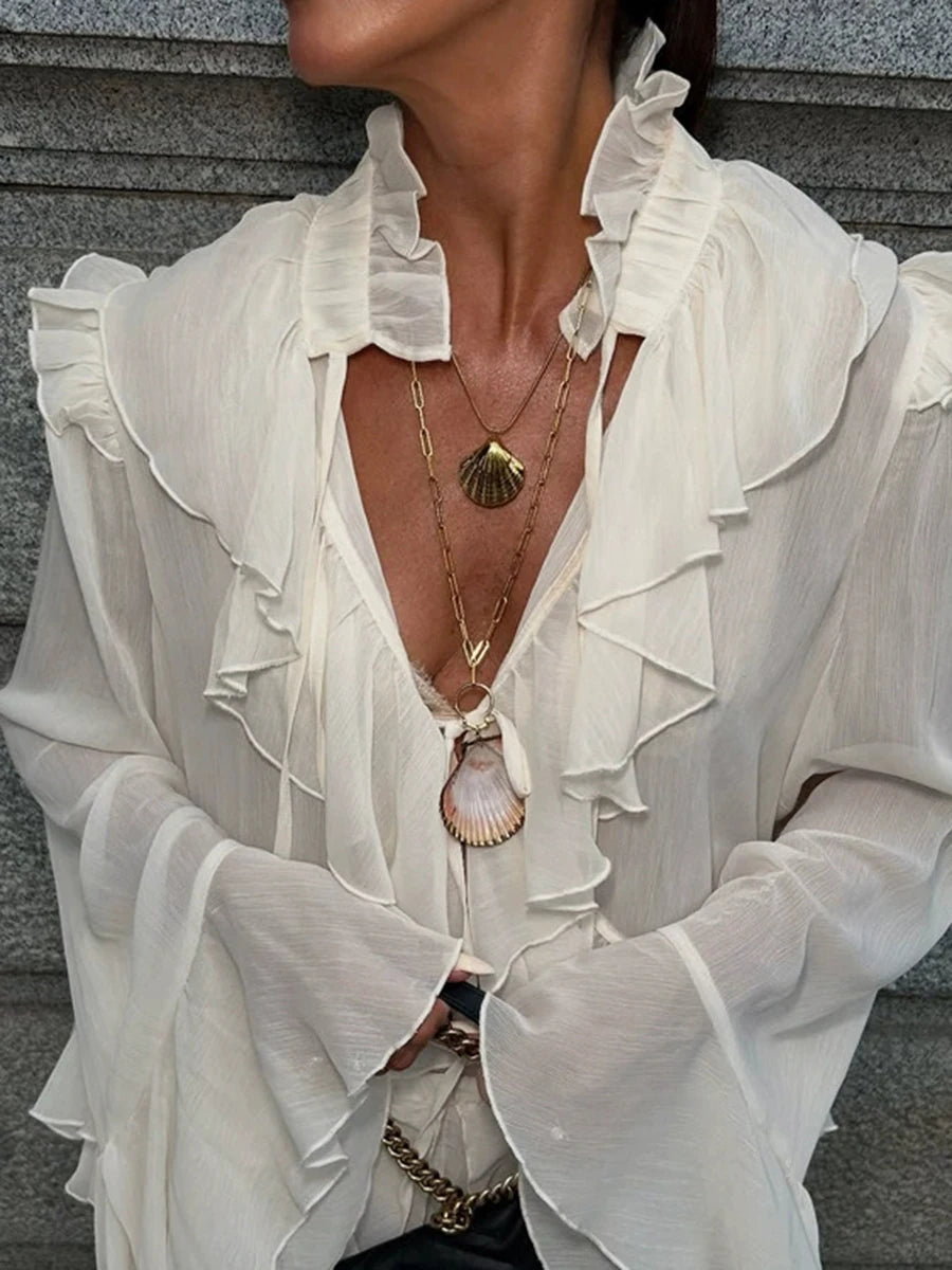 Ingvn  Apricot Loose Spliced Ruffles Elegant Shirts for Women V Neck Long Sleeve French Gentle Shirt Female Summer Fashion