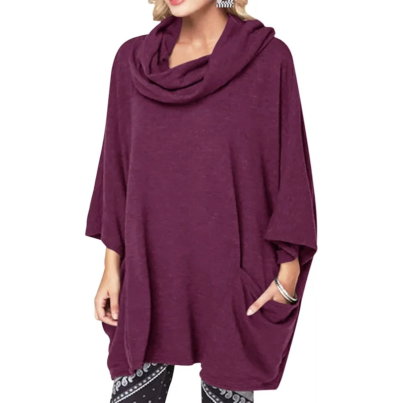 Ingvn  New Autumn Winter Style European American Loose Slouchy Turtleneck High Neck Pocket Pullover Long Sleeve Comfortable Top Women