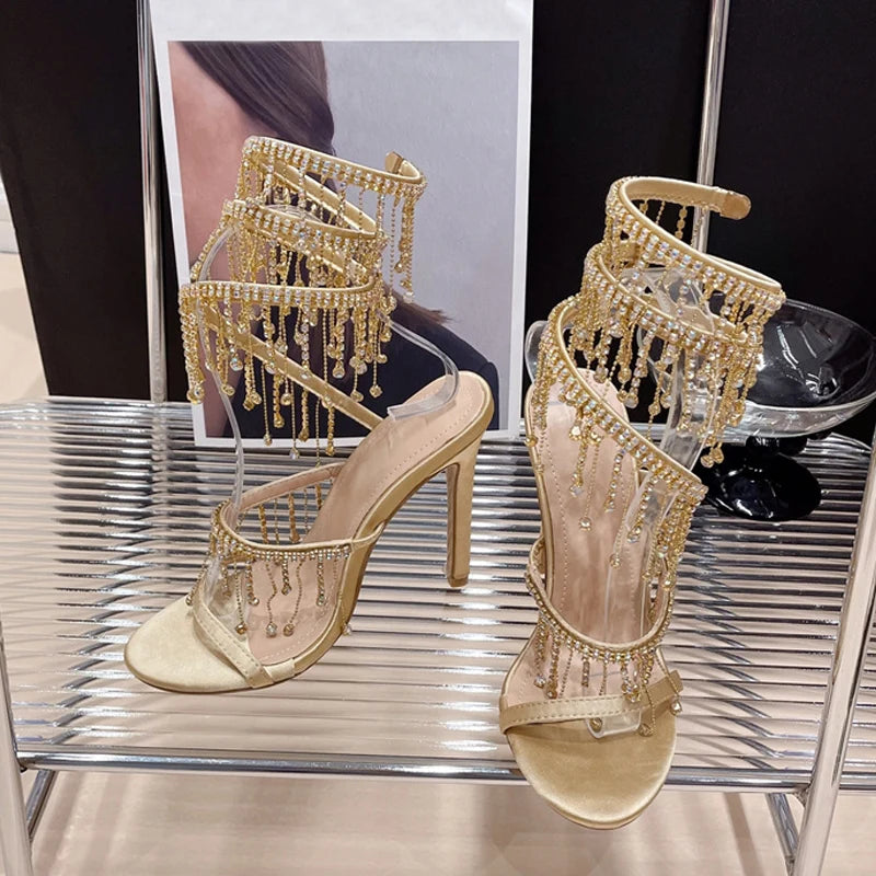 Ingvn  Women Wedding Banquet Shoes Fashion Crystal Tassel Twining Stiletto Sandals Sexy Open Toe Stripper Heels Golden