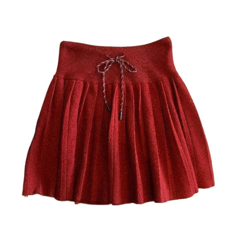 Ingvn - Women's Autumn Winter High Waist Drawstring Knit Pleated Mini Skirt Sporty Versatile Chic Streetwear Cozy