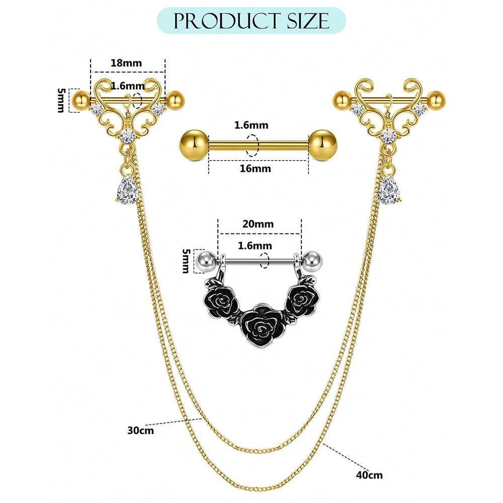 Ingvn  2Pairs Stainless Steel Nipple Rings, 14G Straight Barbell Dangle CZ Nipple Rings For Women Body Piercing Jewelry, Daily Wear