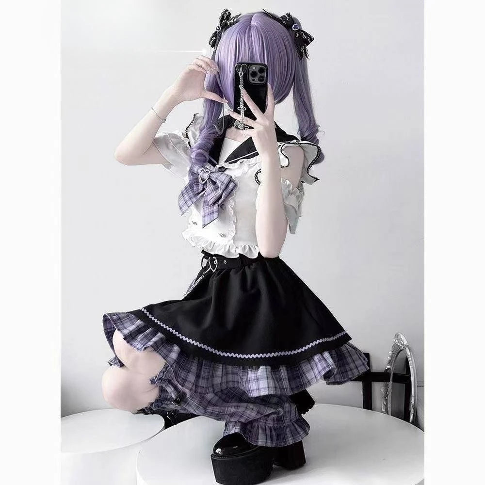 Ingvn  Lolita Sweet Girl Preppy Style Jk Uniform Set Cute Kawaii Bow Short Sleeved Tops Slim Fit Plaid Splicing Skirt Two Piece Set