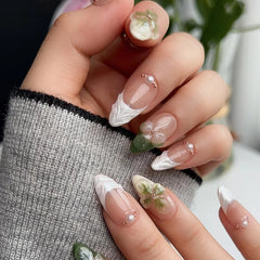 Ingvn  24Pcs 3D Shell Pattern Press on False Nails with Green Camellia Design Short Round Head Wearable Almond French Fake Nail Set