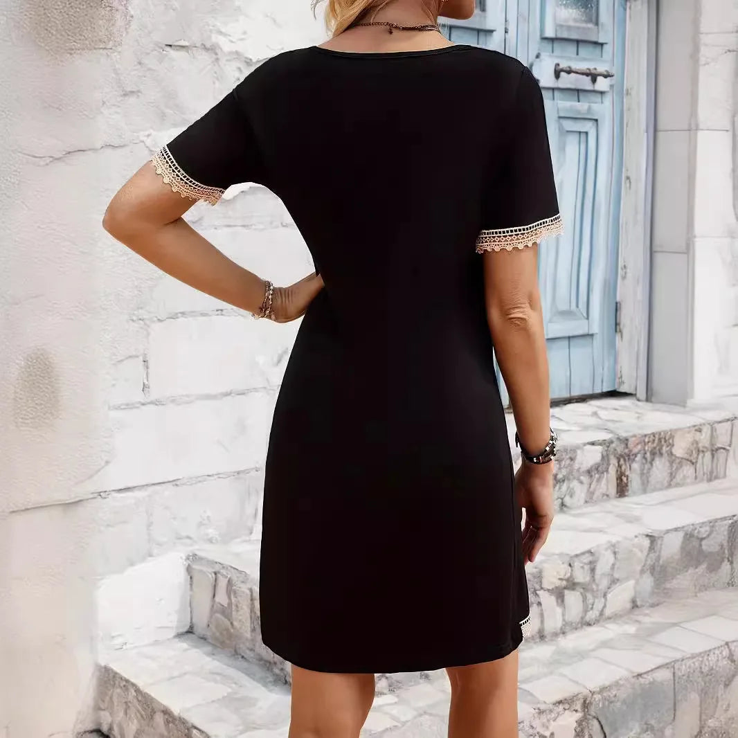 Ingvn  V-Neck Lace Trim Solid Color Short Sleeve Long Dress
