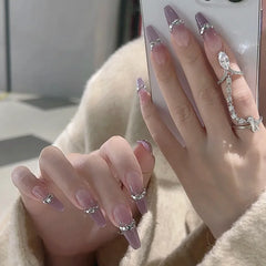 Ingvn  24Pcs Pink Ballet Fake Nails Full Cover Nail Tips Long Ballet False Nails with Rhinestone Chain Design Wearable Press on Nails
