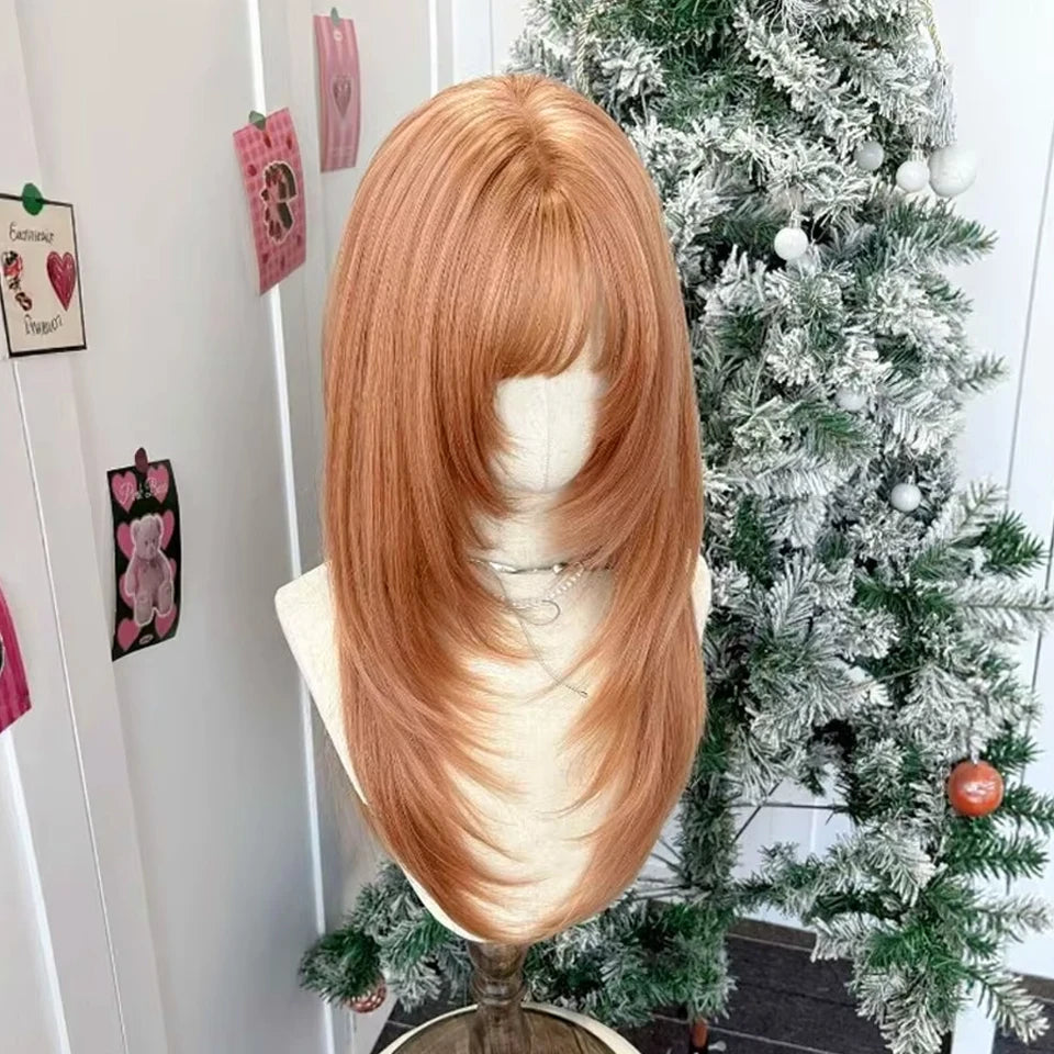 Ingvn - Long Wigs With Bangs Synthetic Natural Straight Layered Fake Hair Party Fluffy Lolita Cosplay Brown Wigs For Women Daily Use