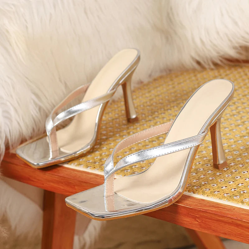 Ingvn  Summer Fashion Thin High Heels Slippers Women Square Clip Toe Beach Flip Flops Shoes Gladiator Sandals Female Mules Slides