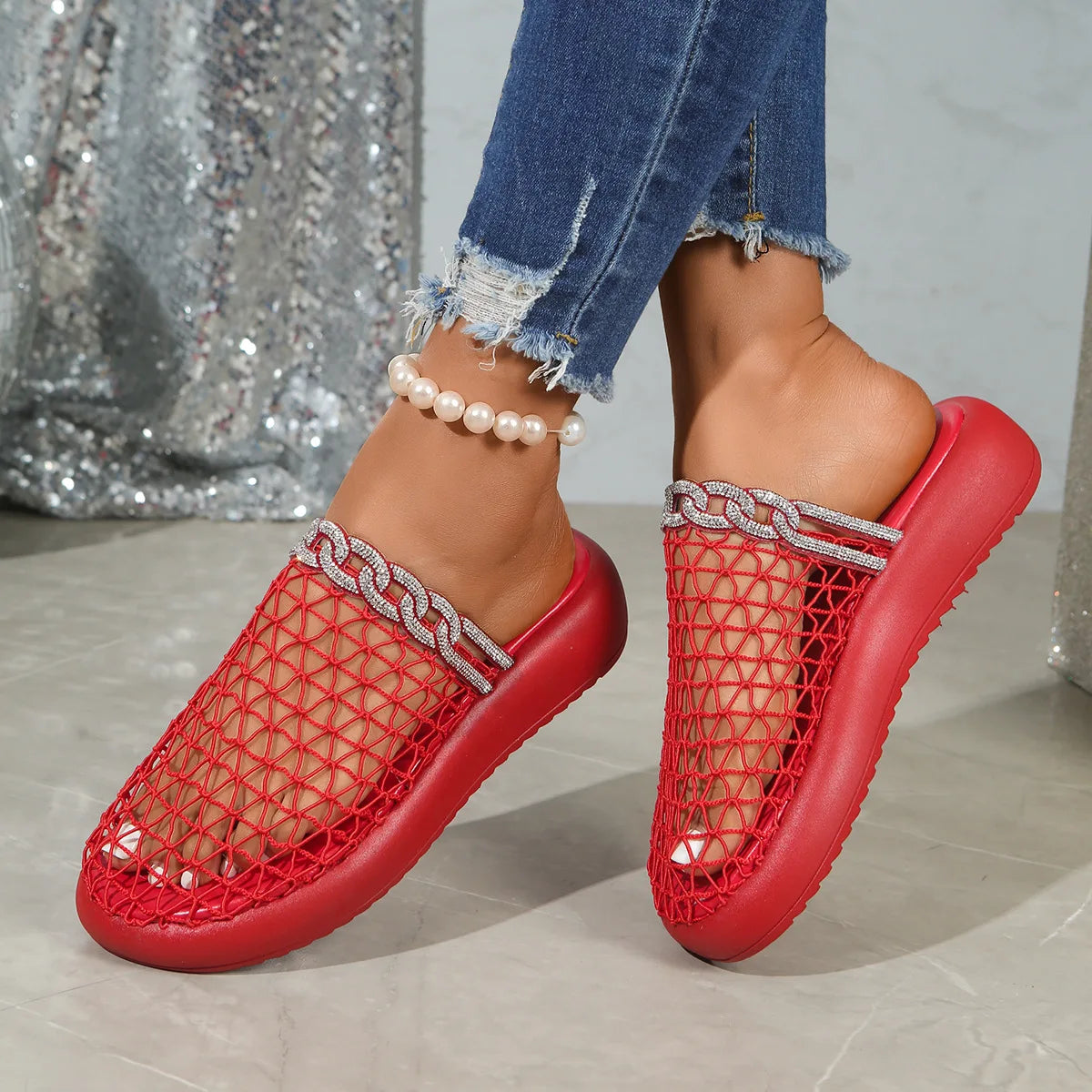 Ingvn  women's new hollowed out wedge heel with metal buckle strap high-heeled thick soled with versatile stylish slippers