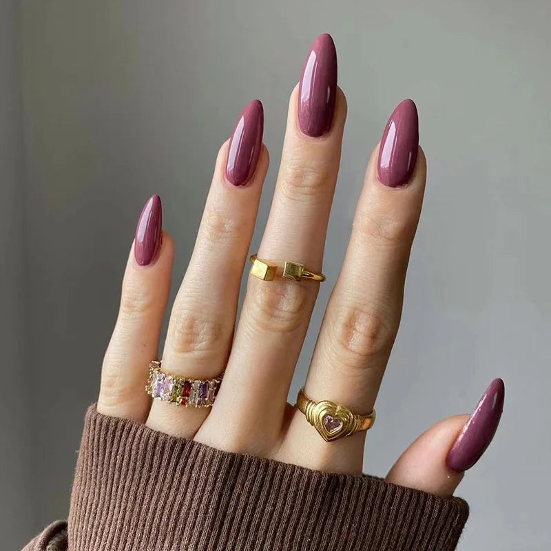 24Pcs Almond Shaped Wearable False Nails Medium Length Solid Colour Acrylic Press on Nail Red Full Coverage Removable Fake Nails