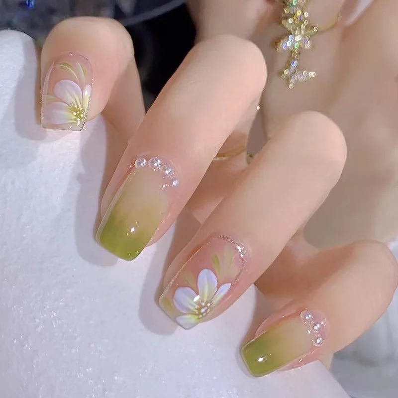 Ingvn  24Pcs Wearable Coffin Fake Nail Tips with Butterfly Camellia Designs Red Long Ballerina False Nails Press on Nails Art Manicure
