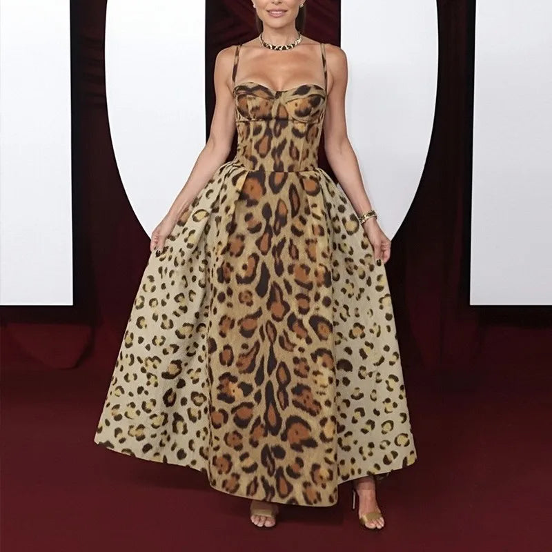 Ingvn  Spring Women's Clothing Slimming Backless Leopard Print High Waist Long Dress For Woman Polyester Bodycon Elegant Casual Wear