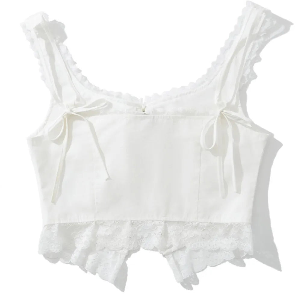 Ingvn  Sexy White Spliced Lace Front Metal Hook Buttons Corset Women Back Bow Lacing up Strap Camisole Tank Tops Rope Crop Top