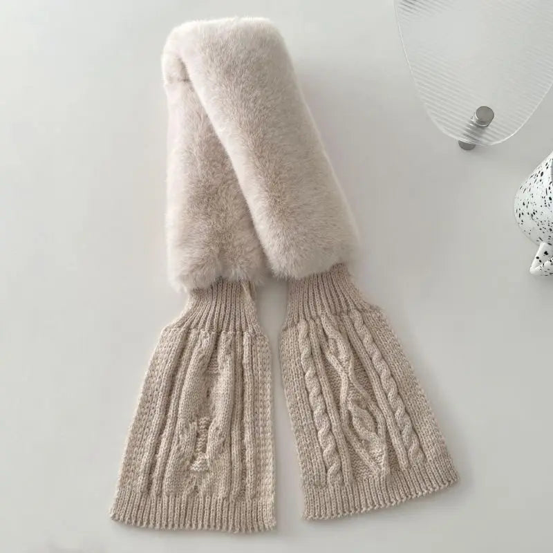 Ingvn - Women's Autumn Winter Knit Scarf Faux Fur Cross Neck Warmer Solid Thick Warm Elegant Chic Coquette Trendy