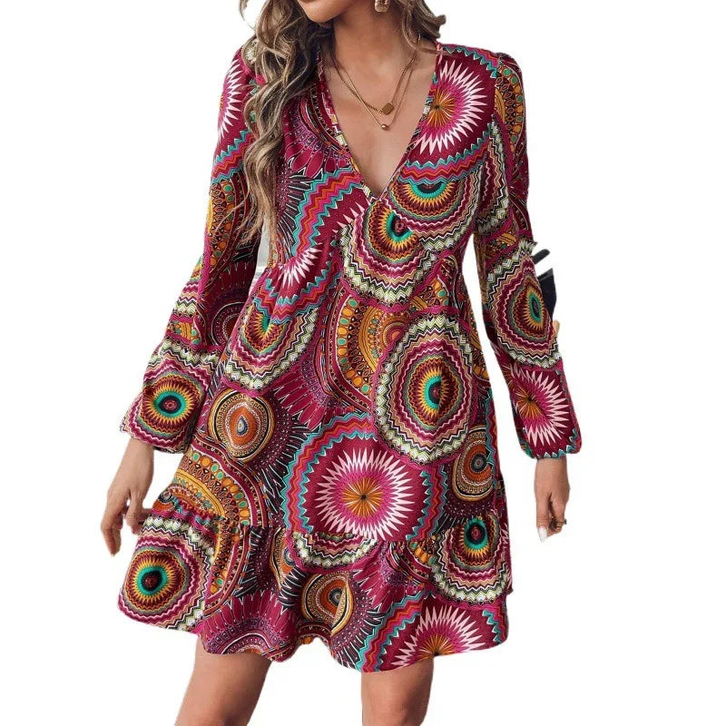 Ingvn  Women's Bohemian Geometric Print V-Neck Long Sleeve Ruffle Hem Mini Dress