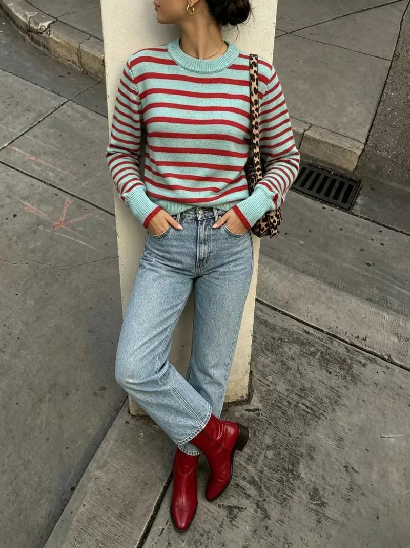 Ingvn - Women Striped Knit Sweater Mint Green Red Crew Neck Long Sleeve Contrast Trim Casual Pullover Jumper Top
