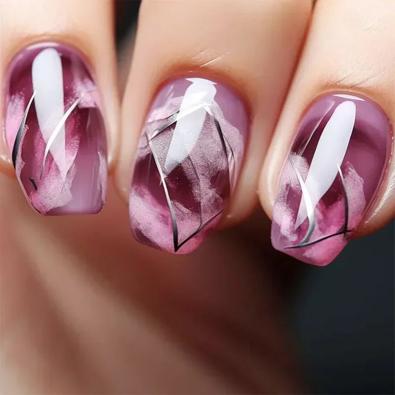 Ingvn  24Pcs Simple Blue French Fake Nails with Diamond Love Pattern Design False Nails Press on Mid-length Ballet Full Cover Nail Tips