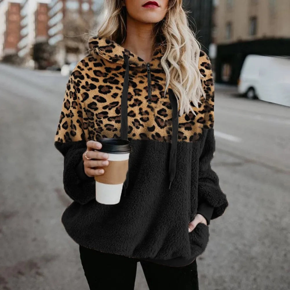 Ingvn  New Women Fashion Autumn and Winter Long-sleeved Sweatshirt Ladies Leopard Print Patchwork Zipper Casual Loose Pullovers Top
